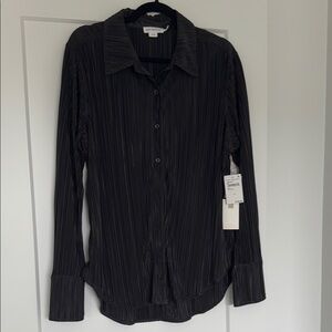 Good American Black Blouse with Long Sleeves and Subtle Plaid